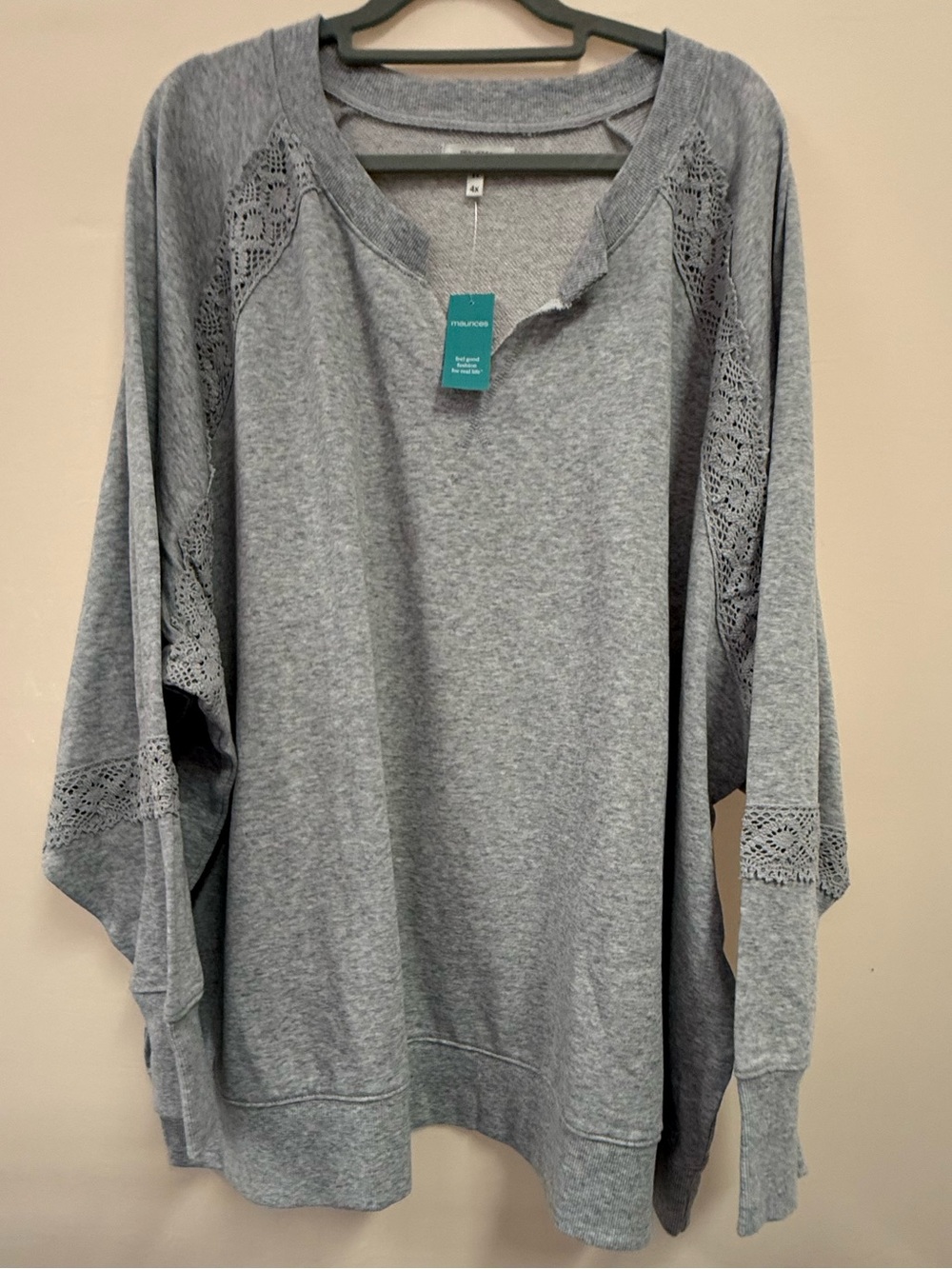 Brand New Maurices Heather Gray Lace-Inset Pullover Sweatshirt Size 4X